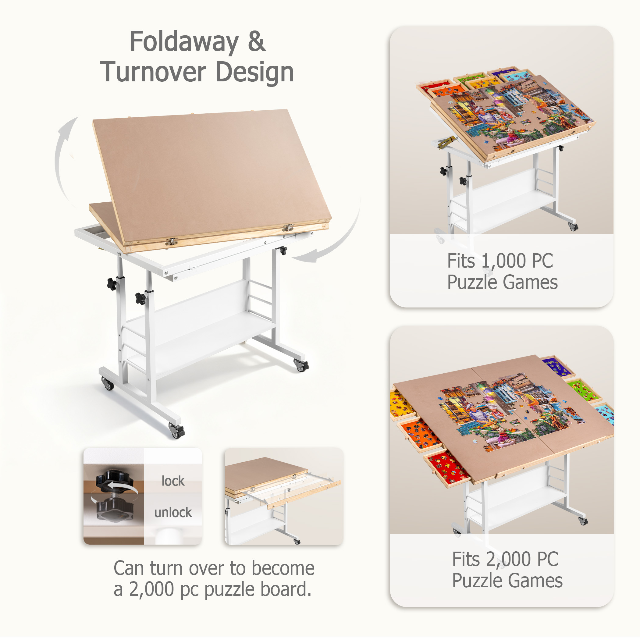 Tektalk 2000 Piece Foldable Jigsaw Puzzle Table with Angle & Height Adjustment – White - Image 3