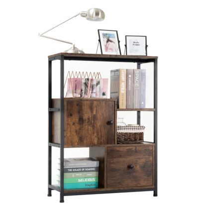 Tektalk Storage Cabinet Multipurpose Cabinet Industrial Bookcase with Open Shelf and Drawer for Kitchen, Living Room, Bedroom - Rustic Brown