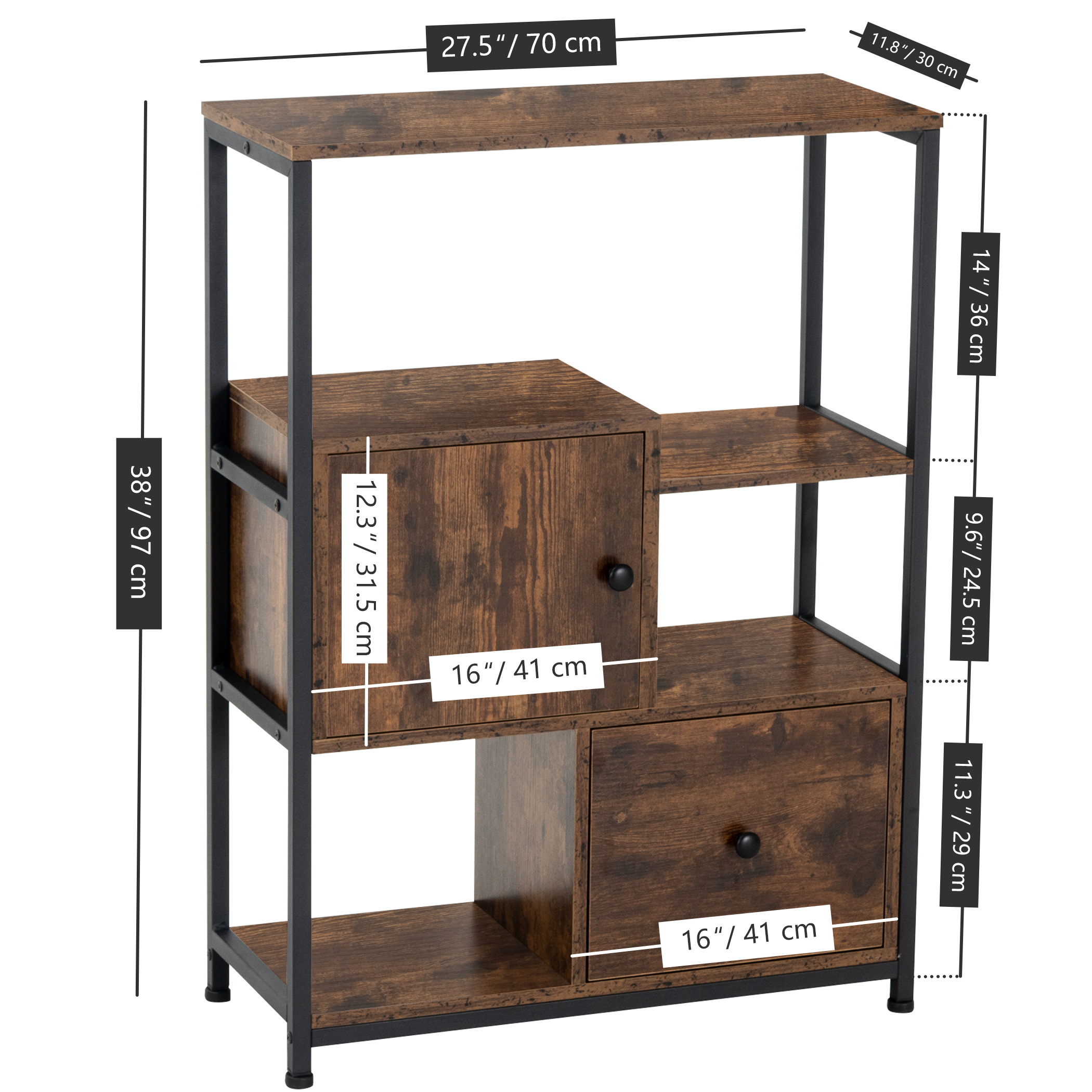 Tektalk Storage Cabinet Multipurpose Cabinet Industrial Bookcase with Open Shelf and Drawer for Kitchen, Living Room, Bedroom - Rustic Brown - Image 2