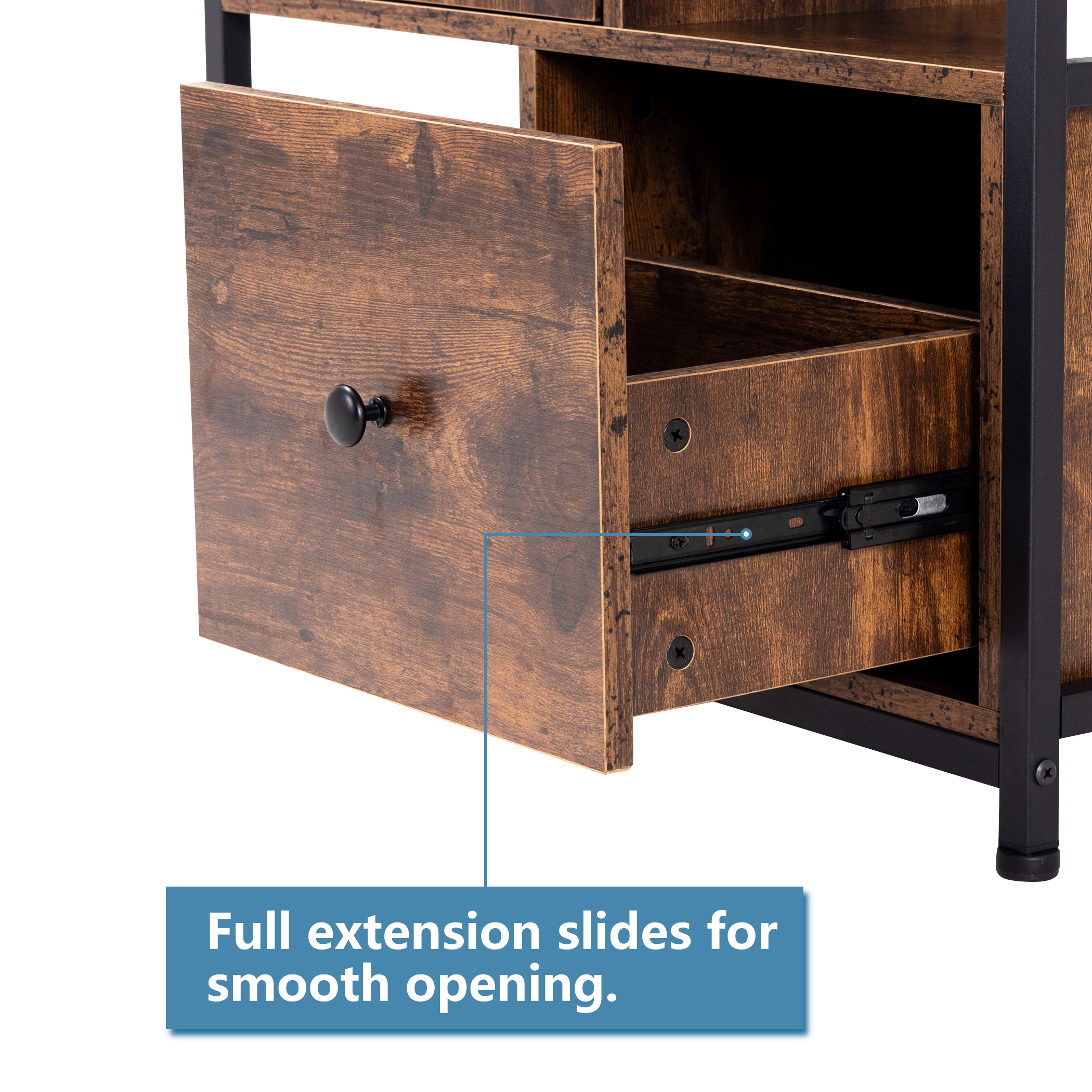 Tektalk Storage Cabinet Multipurpose Cabinet Industrial Bookcase with Open Shelf and Drawer for Kitchen, Living Room, Bedroom - Rustic Brown - Image 4