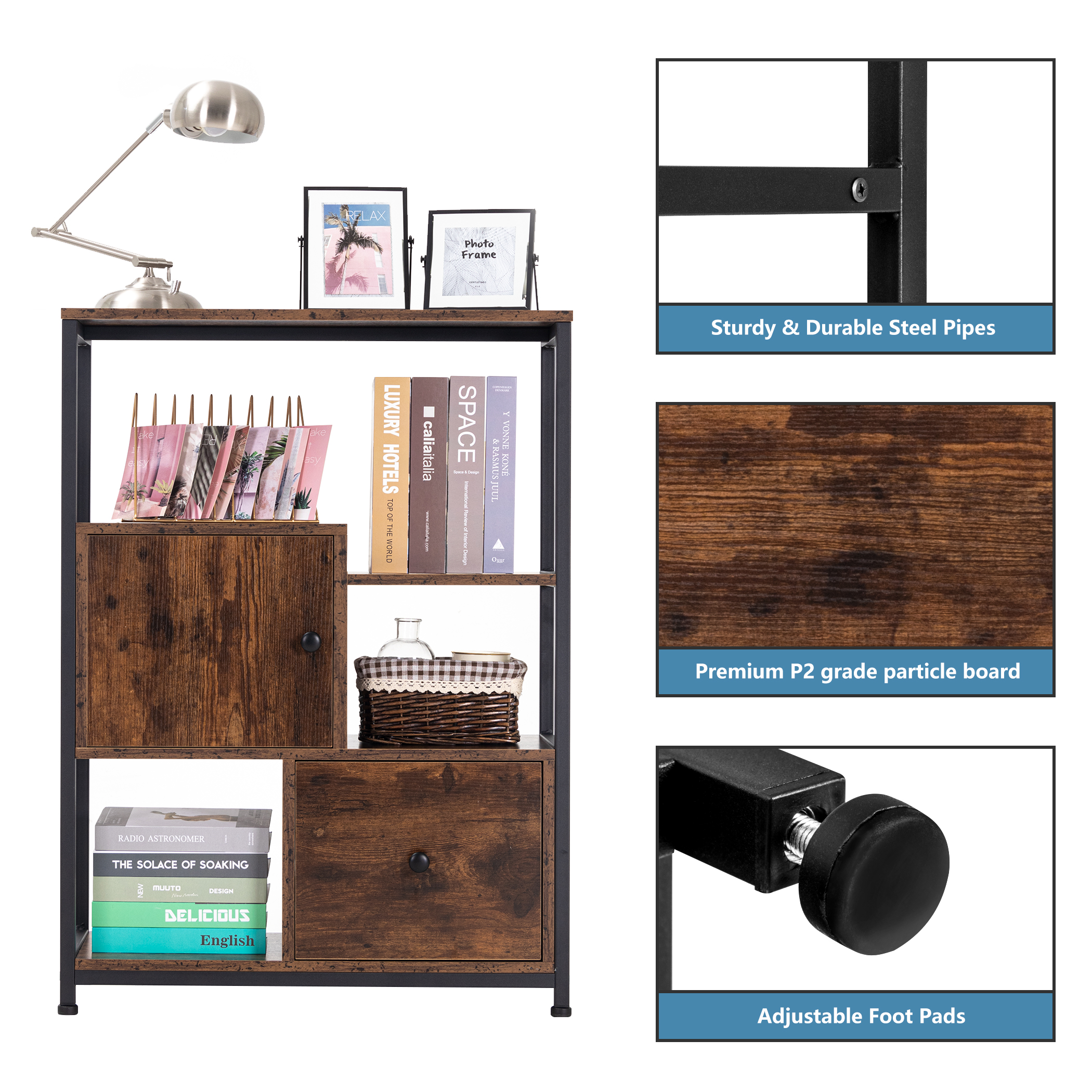 Tektalk Storage Cabinet Multipurpose Cabinet Industrial Bookcase with Open Shelf and Drawer for Kitchen, Living Room, Bedroom - Rustic Brown - Image 5