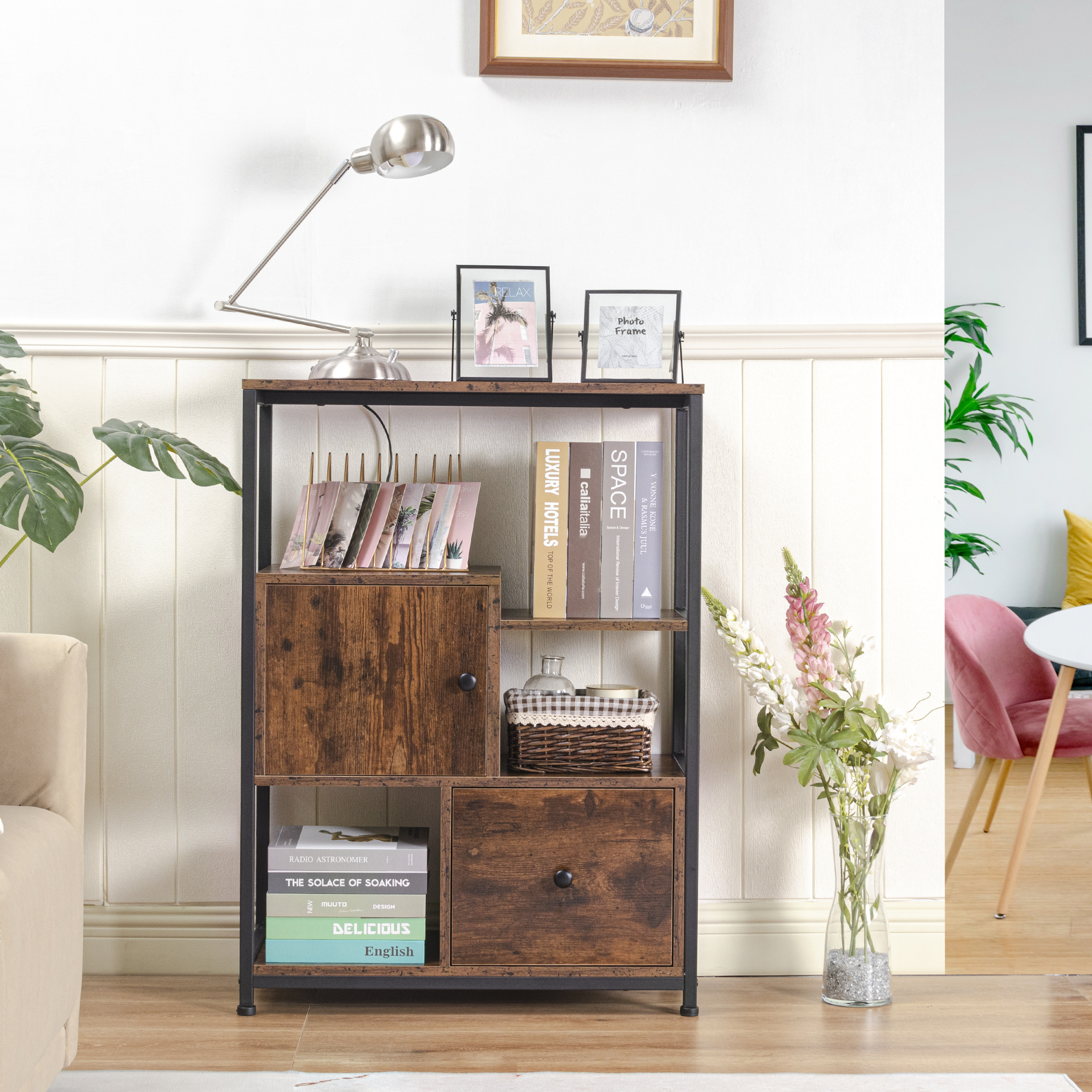 Tektalk Storage Cabinet Multipurpose Cabinet Industrial Bookcase with Open Shelf and Drawer for Kitchen, Living Room, Bedroom - Rustic Brown - Image 6