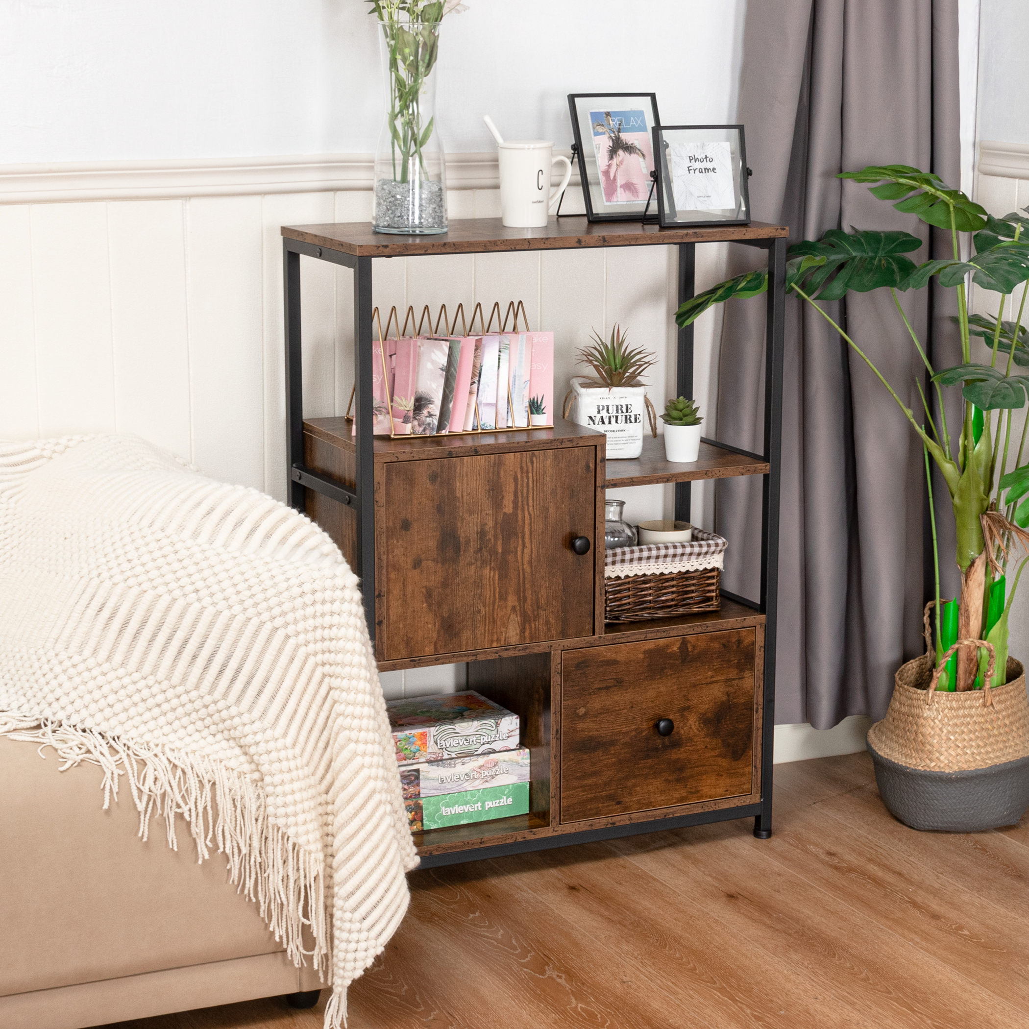 Tektalk Storage Cabinet Multipurpose Cabinet Industrial Bookcase with Open Shelf and Drawer for Kitchen, Living Room, Bedroom - Rustic Brown - Image 7